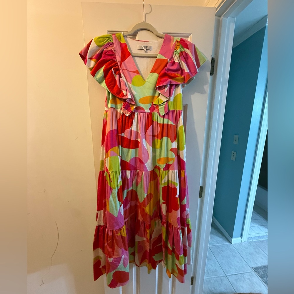 CROSBY by Mollie Burch Pink, Green & Red Abstract Ruffle Tiered Dress